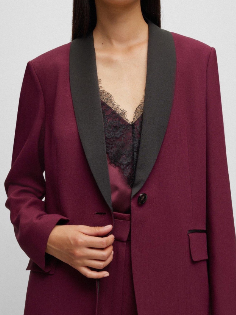 Boss Women's Burgundy Blazer with Black Satin Shawl Collar